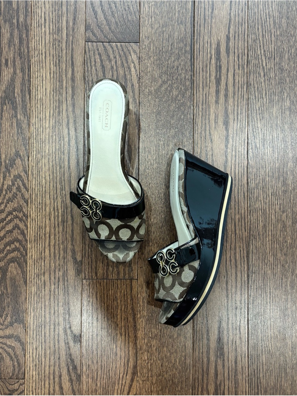 Coach Black Patent & Brown Signature Canvas Wedge Mules
